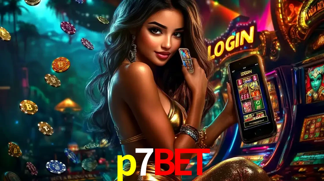 Mulher em um cenário de cassino temático de aventura, mostrando o app de caça-níqueis da p7bet no celular. Fichas de apostas flutuam ao redor.