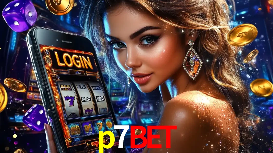 Mulher glamorosa segurando um smartphone com a tela de login para os jogos de caça-níqueis do cassino online p7bet, com moedas de ouro e dados ao redor.