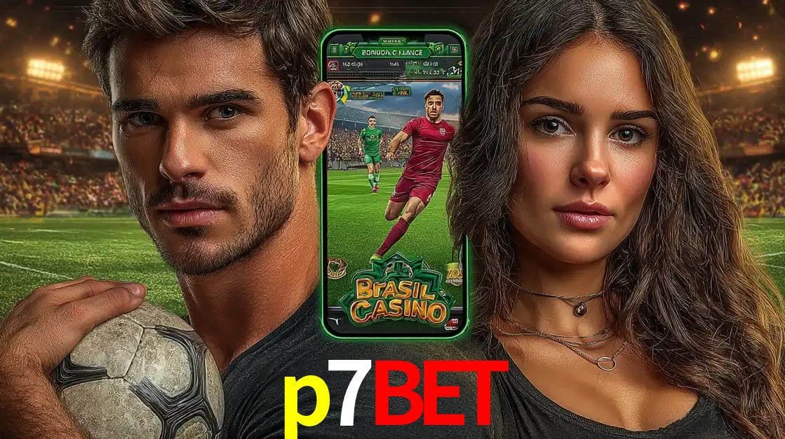 Homem segurando uma bola de futebol e uma mulher ao lado de um smartphone exibindo o jogo de apostas esportivas da p7bet. Faça seu palpite no cassino online.